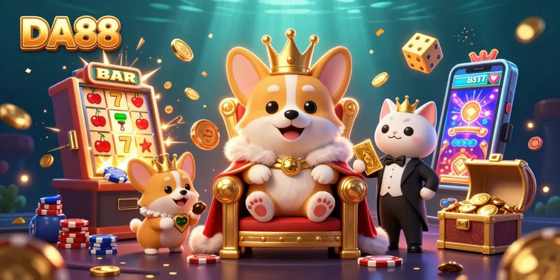 Experience the luxurious DA88 casino with a royal corgi amid a dynamic gambling scene bursting with action.