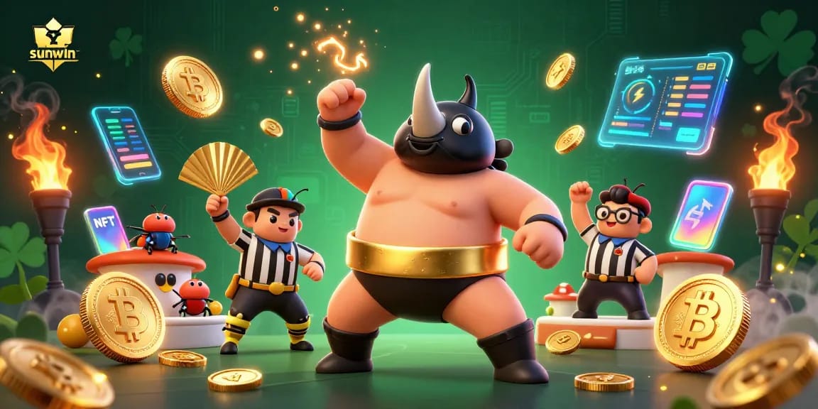 sunwin champions battle with vibrant characters and crypto coins showcasing exciting casino gameplay