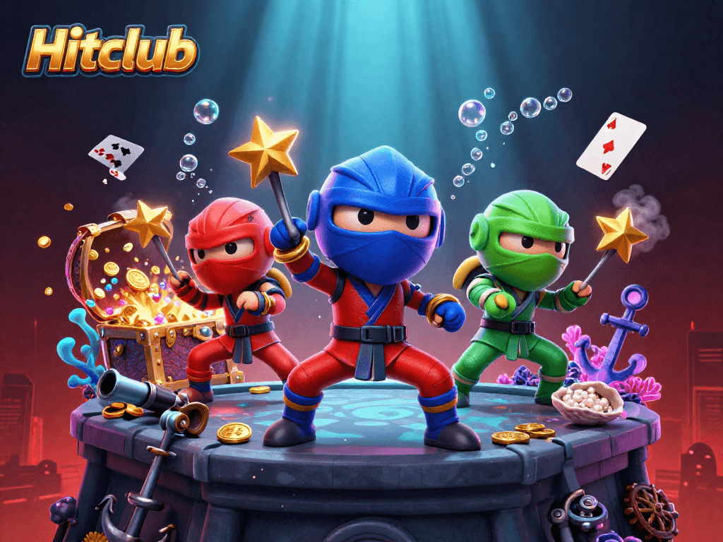 Experience the excitement of Hitclub with vivid characters and casino elements in this dynamic 3D illustration.