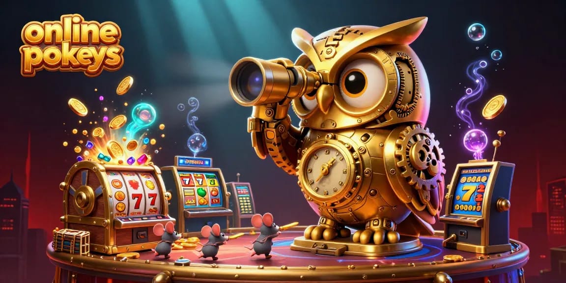 Spin the online pokies with vibrant characters and treasures in a golden casino scene.