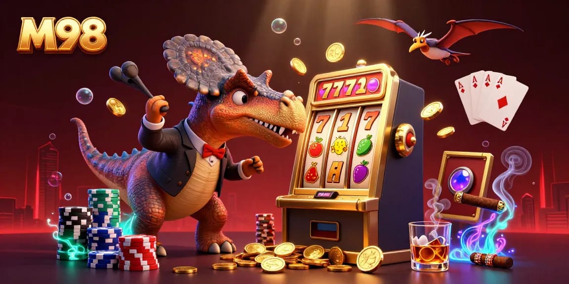 M98 casino illustration with a pachycephalosaurus winning coins from a slot machine, showcasing excitement.