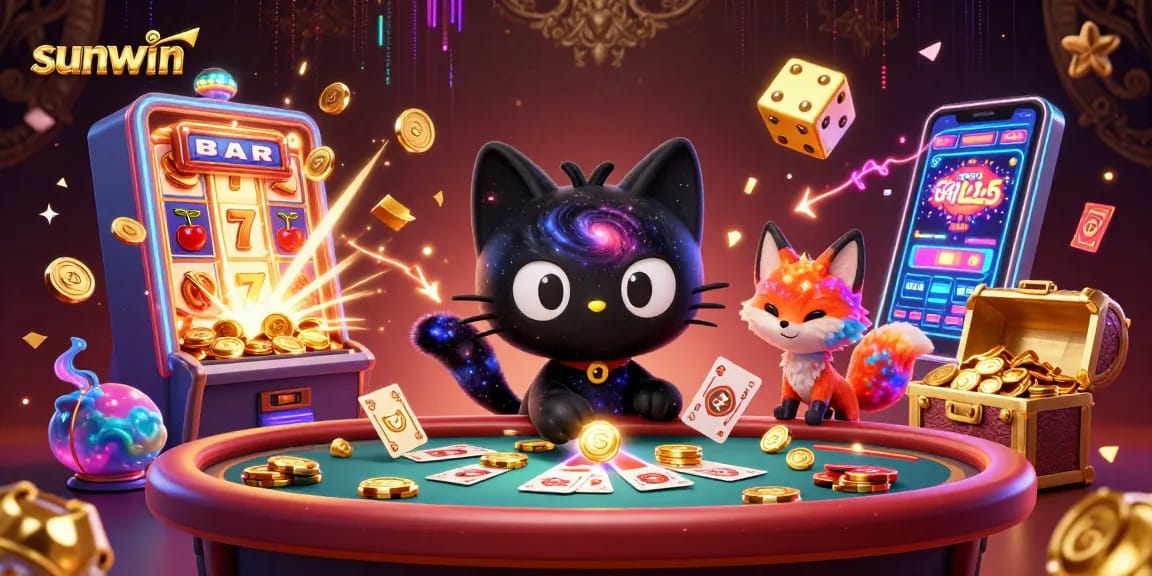 Experience gaming excitement at sunwin with a black hole cat and colorful fox in a cosmic casino.