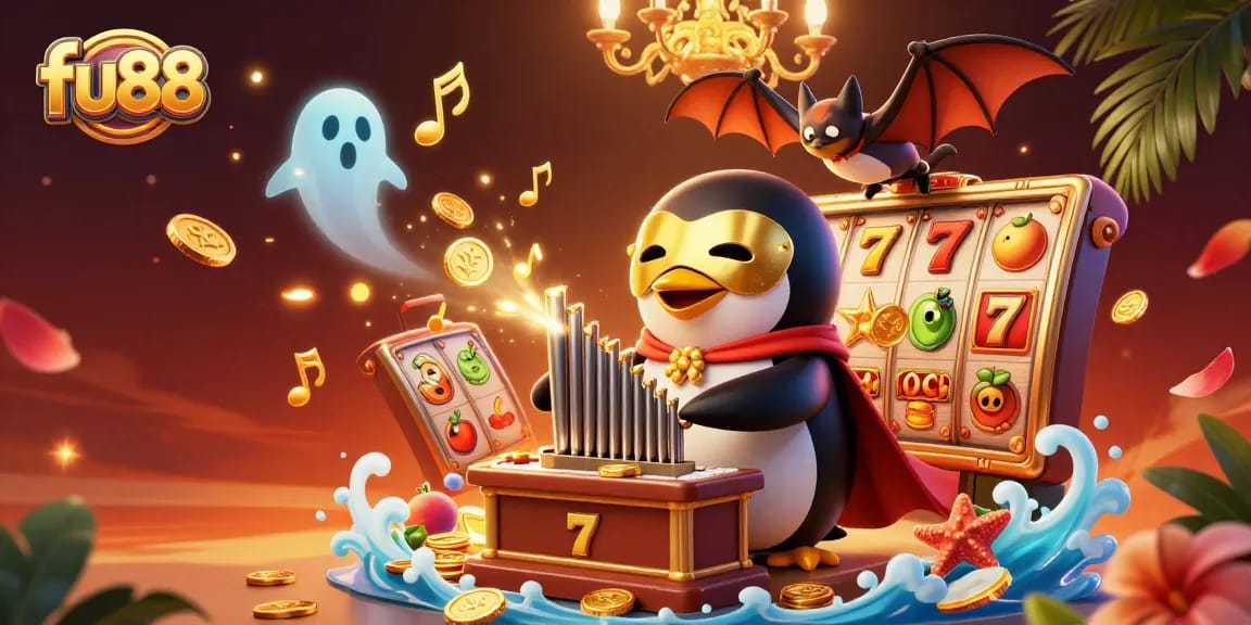 fu88 promotes fun gaming with vibrant slot reels and a playful penguin character in a dynamic casino setting