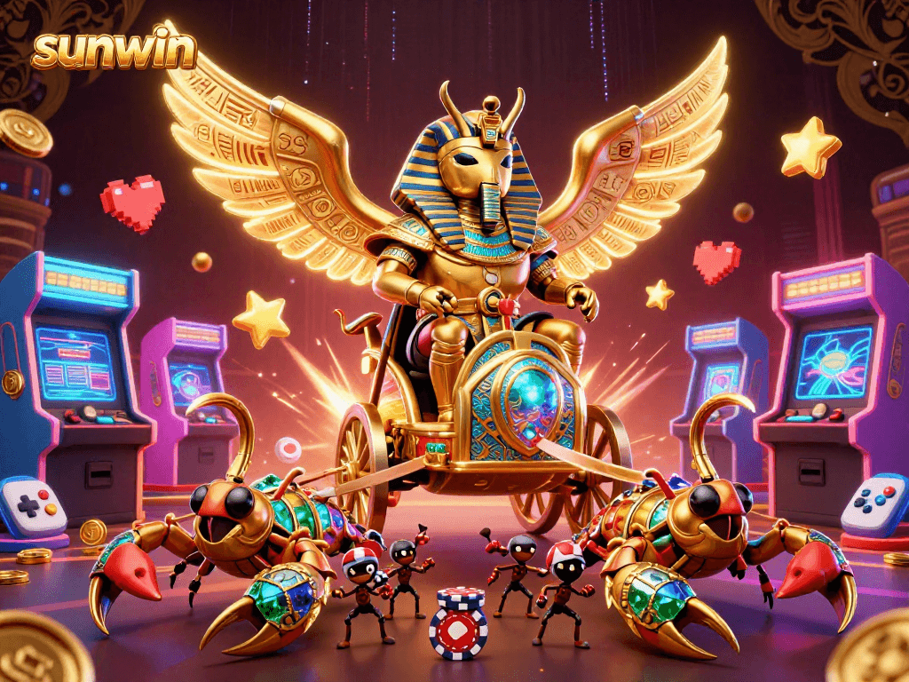 Engage with sunwin's vibrant casino universe featuring a colossal scarab and electrifying gaming elements.