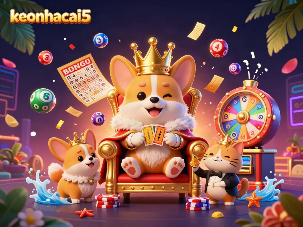 Bet on success with keonhacai5 displayed in a vivid casino scene featuring a royal corgi on a poker chip throne.