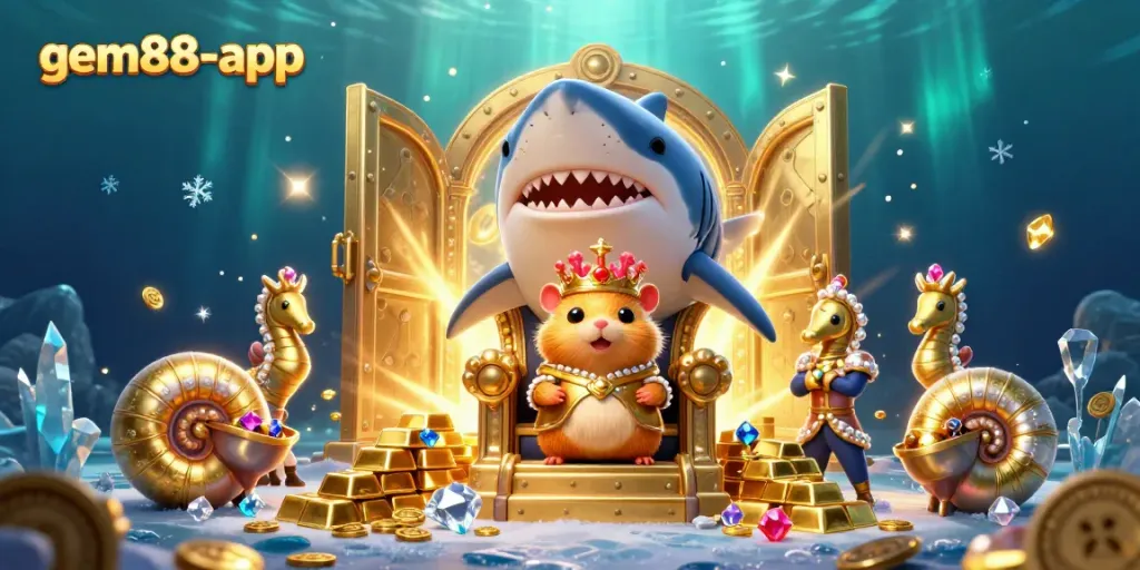 Experience thrilling wins with gem88-app in this vibrant casino adventure scene filled with underwater treasures.