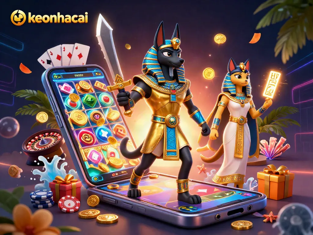 Experience exciting slot games with keonhacai in a vibrant 3D casino illustration featuring Anubis and Bastet.