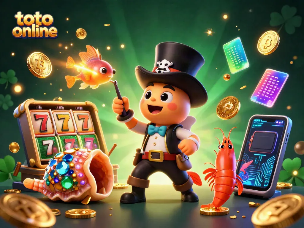 Engage in the excitement of toto online gaming with a vibrant scene featuring a cartoon anglerfish, pirate shrimp, and gem snail.