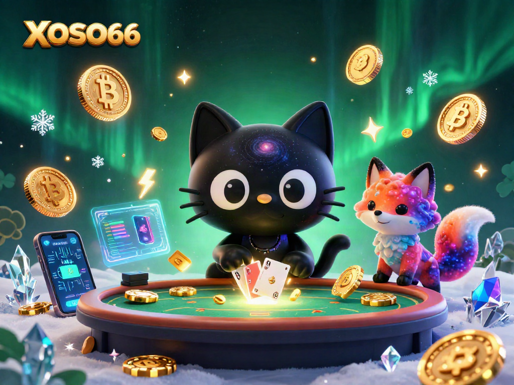 XOSO66's vibrant cosmic casino scene featuring characters attracting golden chips, enhancing player engagement.