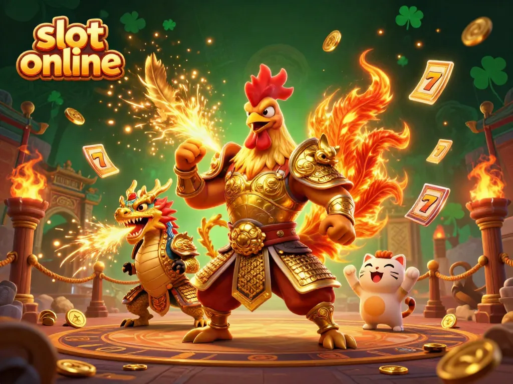 Experience thrilling slot online action with an animated scene of warriors and gambling elements.