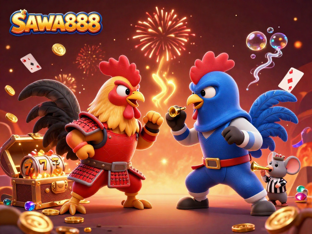 Experience thrilling action with SAWA888's dynamic slot reels and fighting roosters in an epic showdown.