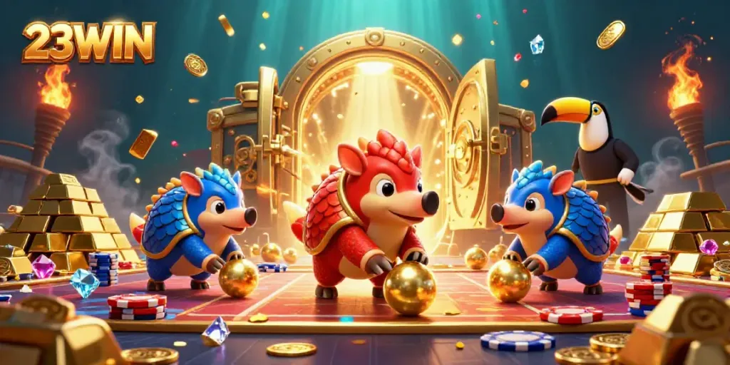 23WIN pangolins competing in a vibrant casino scene with gold and gems