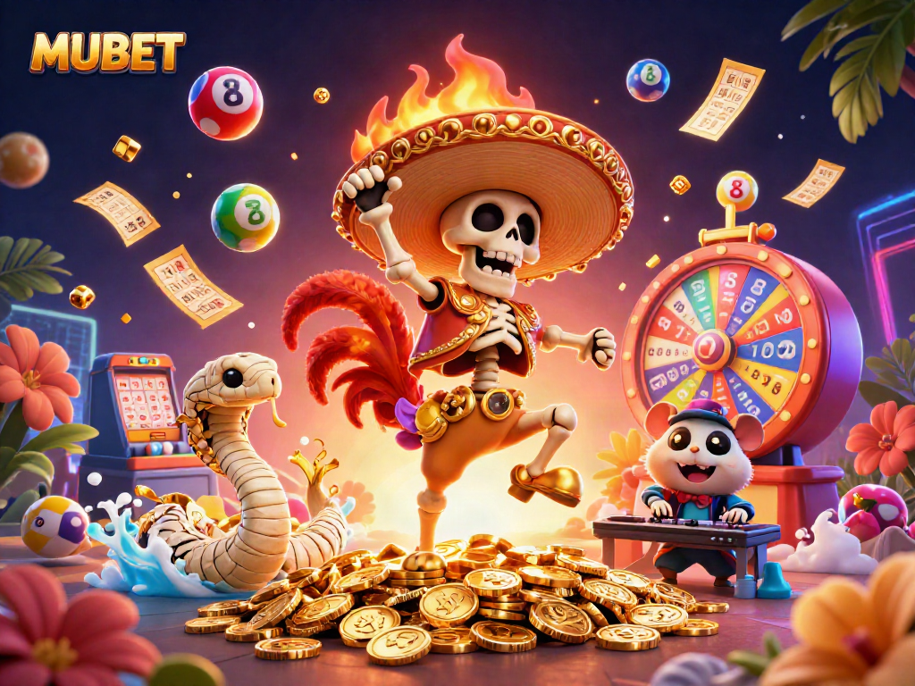 MUBET celebrates with vibrant carnival elements amid golden coins and lottery excitement