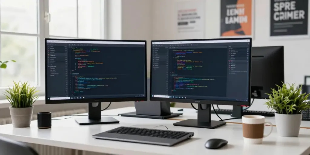 Developer coding with dual monitors for instant indexing in a modern office.