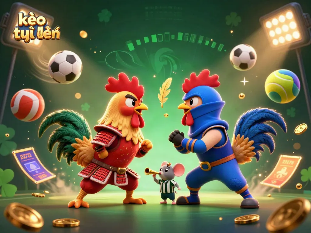 Experience thrilling kèo trực tuyến action with dynamic roosters and sports elements in this vibrant scene.