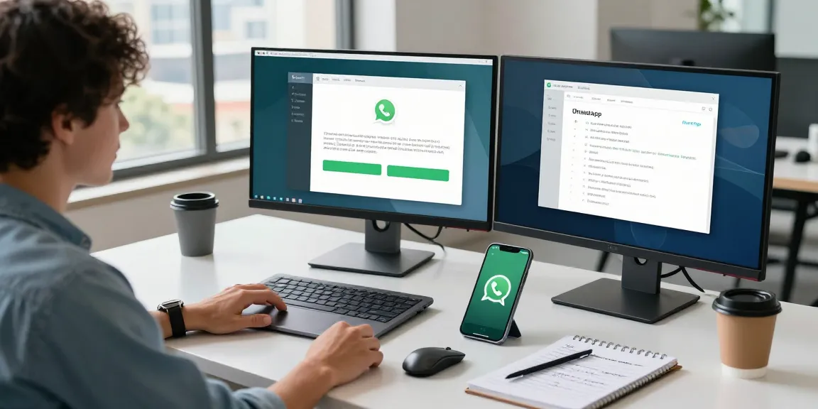WhatsApp下載 setup on multiple devices in a modern tech workspace, showcasing productivity.