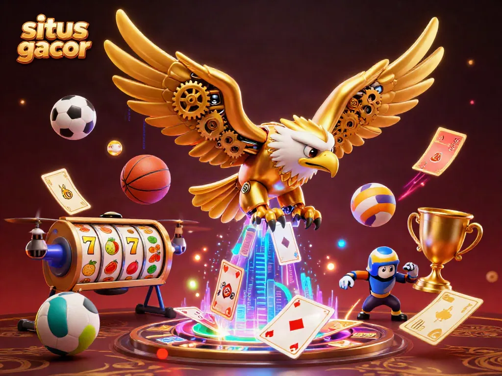 Experience situs slot gacor with immersive 3D gambling scenes featuring golden eagle and sports elements.
