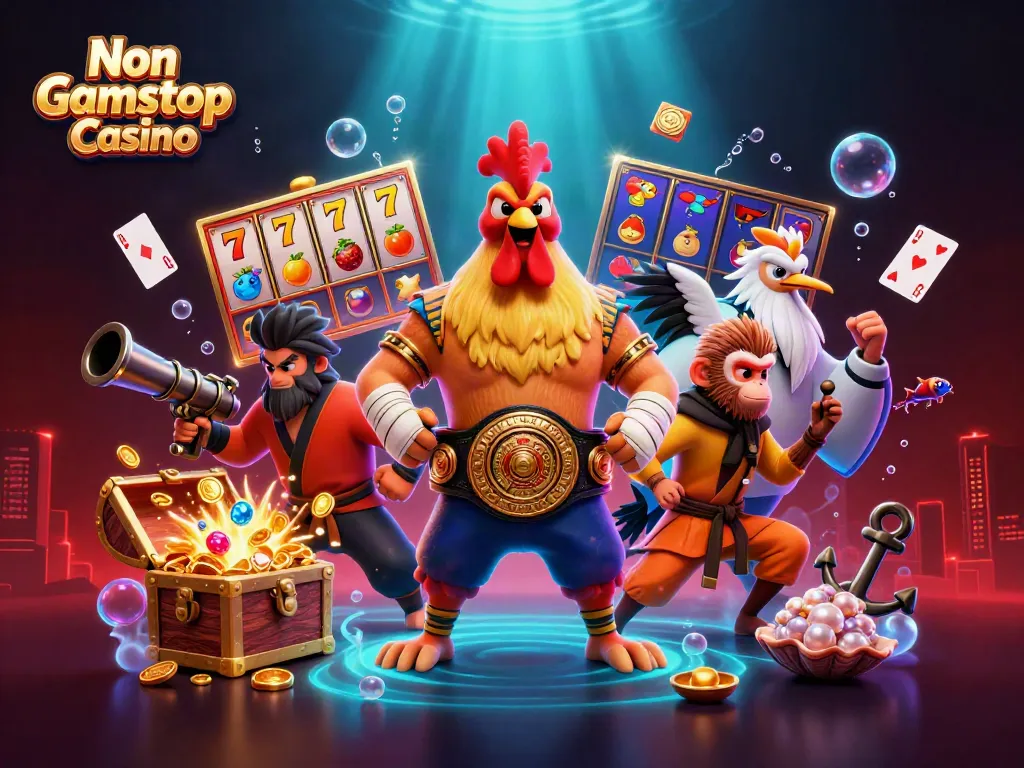 Vibrant scene depicting Non Gamstop Casino characters amidst slot reels, gold coins, and bioluminescent effects.