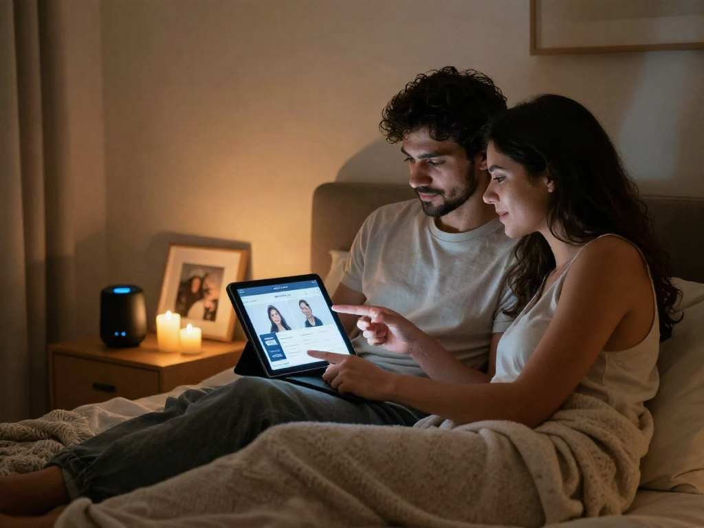 Couple exploring ai sex relationship app in an inviting bedroom