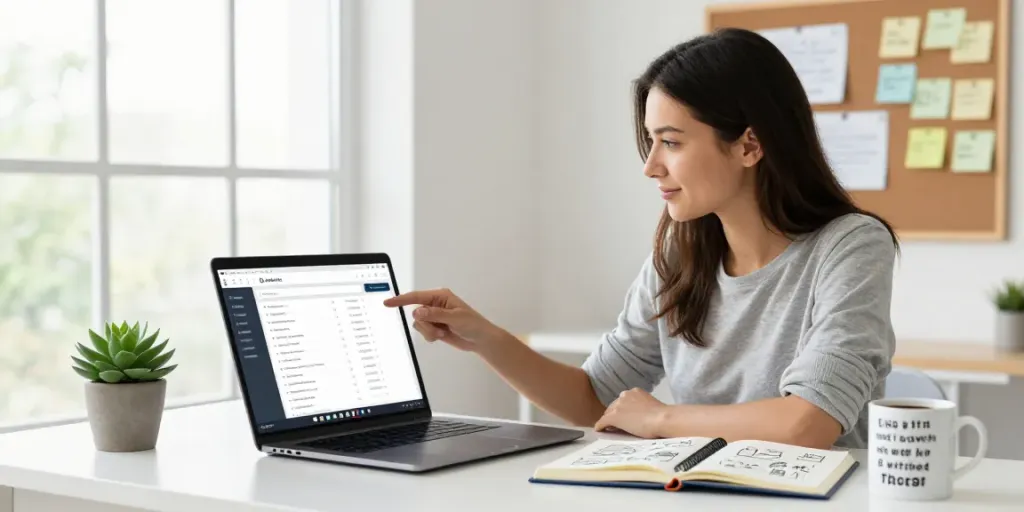 Buy domain name research in a modern home office
