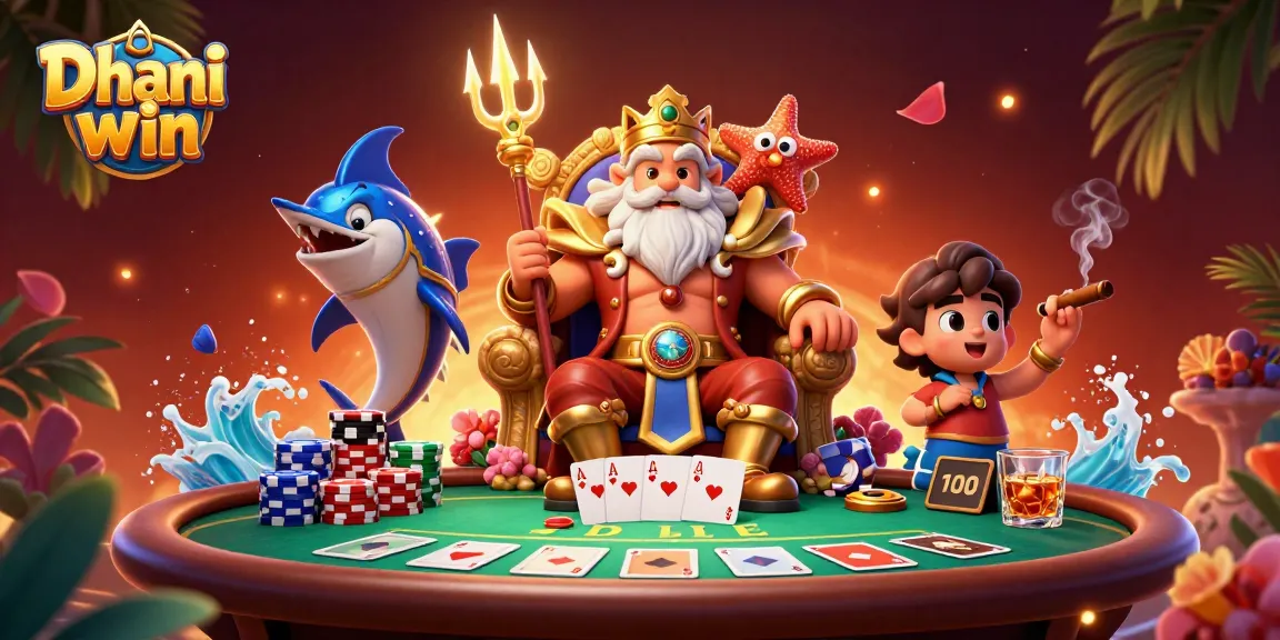 Dive into Dhani win's thrilling games featuring a sea king, samurai, and vibrant poker scene.