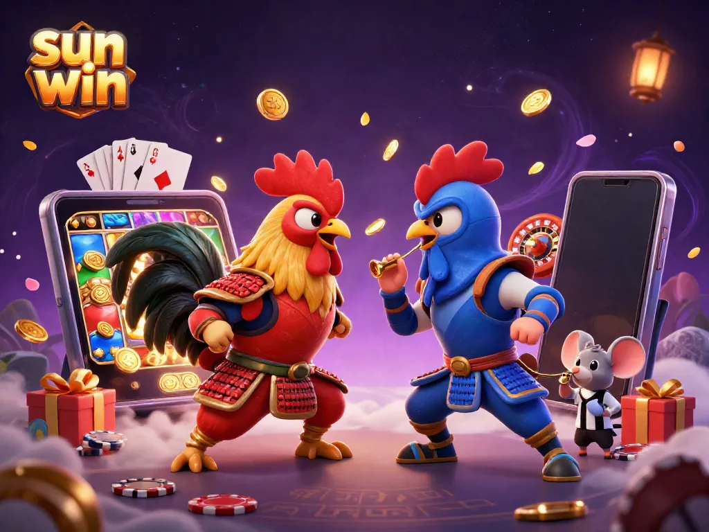 Sun win showcases an epic standoff between cartoon roosters in armor amidst exhilarating casino elements.