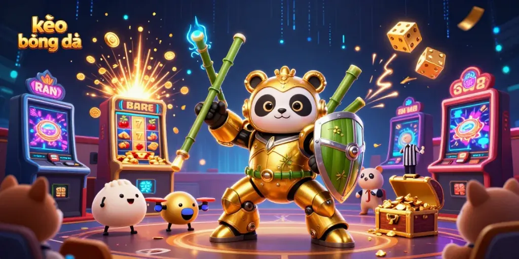 Engage in exciting kèo bóng đá with a dynamic 3D cartoon scene featuring a golden panda and thrilling gaming elements.