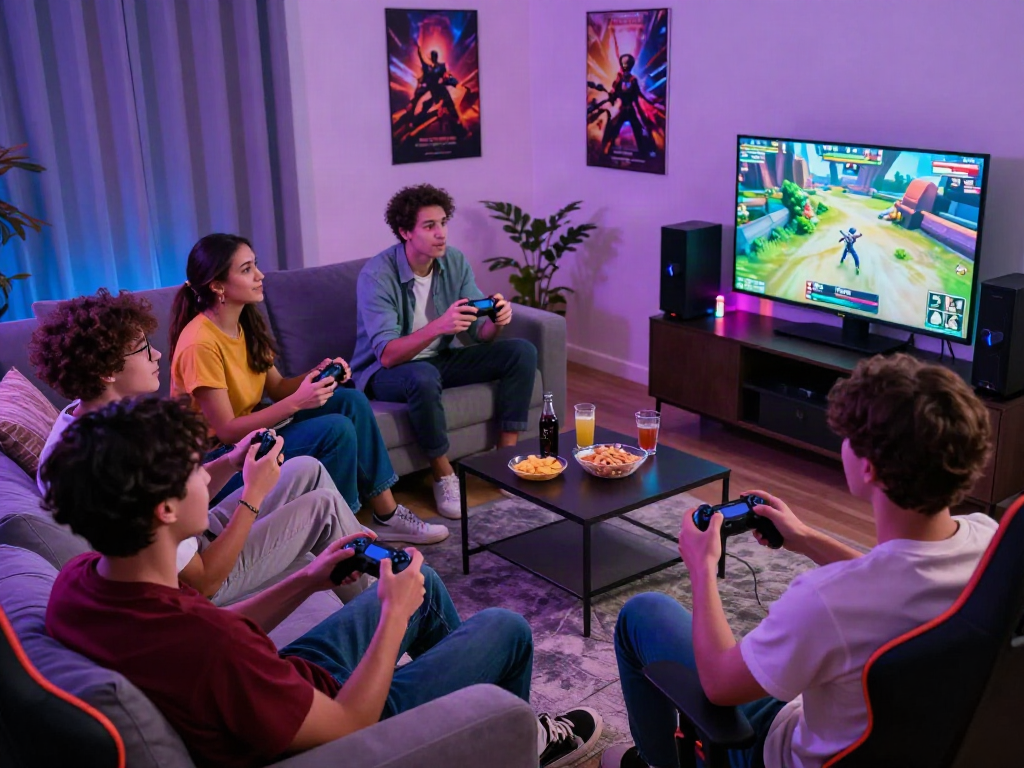 Friends enjoying xxx games in a lively gaming setup with colorful lighting and snacks