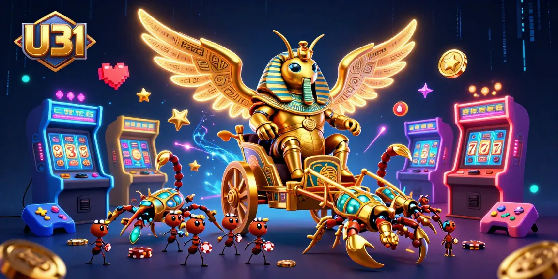 U31 players enjoy thrilling gaming with a colossal golden scarab and vibrant casino themed elements.