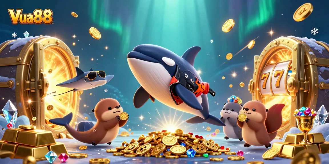 Engage in thrilling gaming with Vua88 as cartoon characters celebrate with golden treasures.