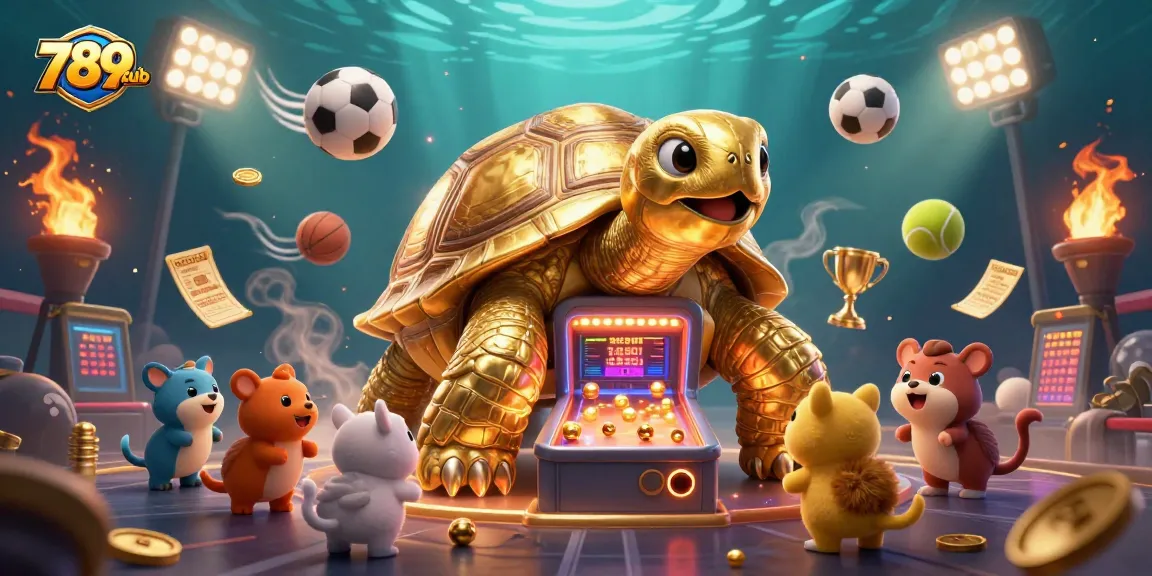 Experience the excitement of 789club with golden tortoise-themed pinball, sports, and vibrant casino elements.