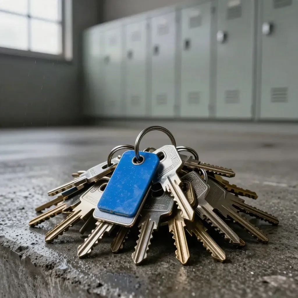 Brushed steel locker fobs, brass keys, blue tag and card terminal base on wet concrete.