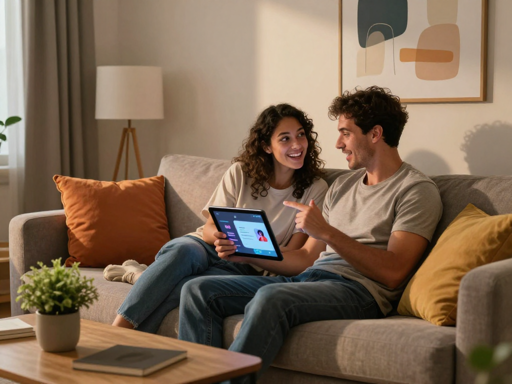 Couple exploring ai sex apps in a cozy living room, highlighting modern intimacy.