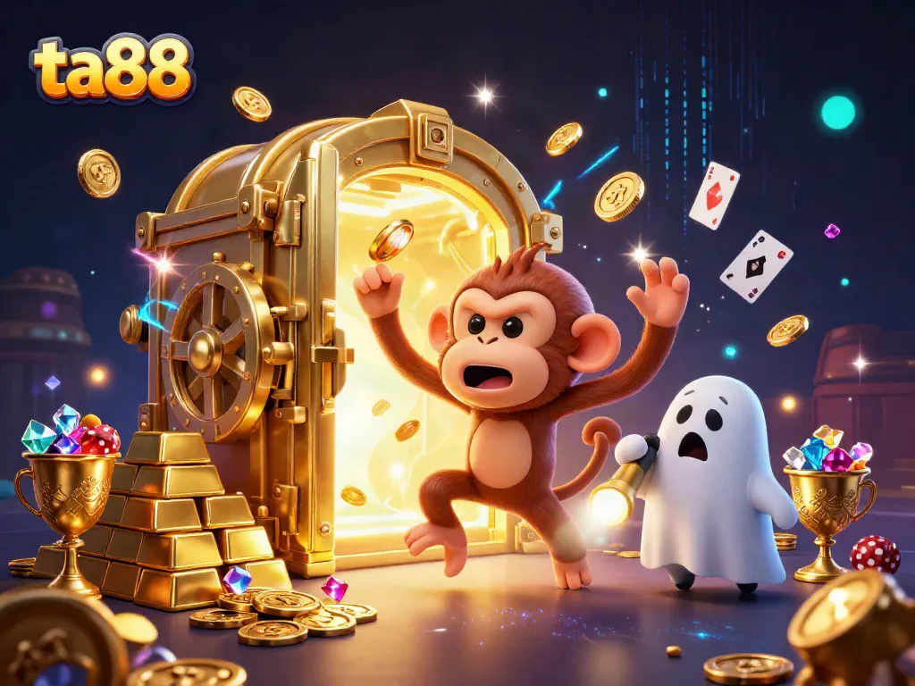 Engage with ta88's thrilling casino adventure as a poltergeist monkey juggles golden treasures.