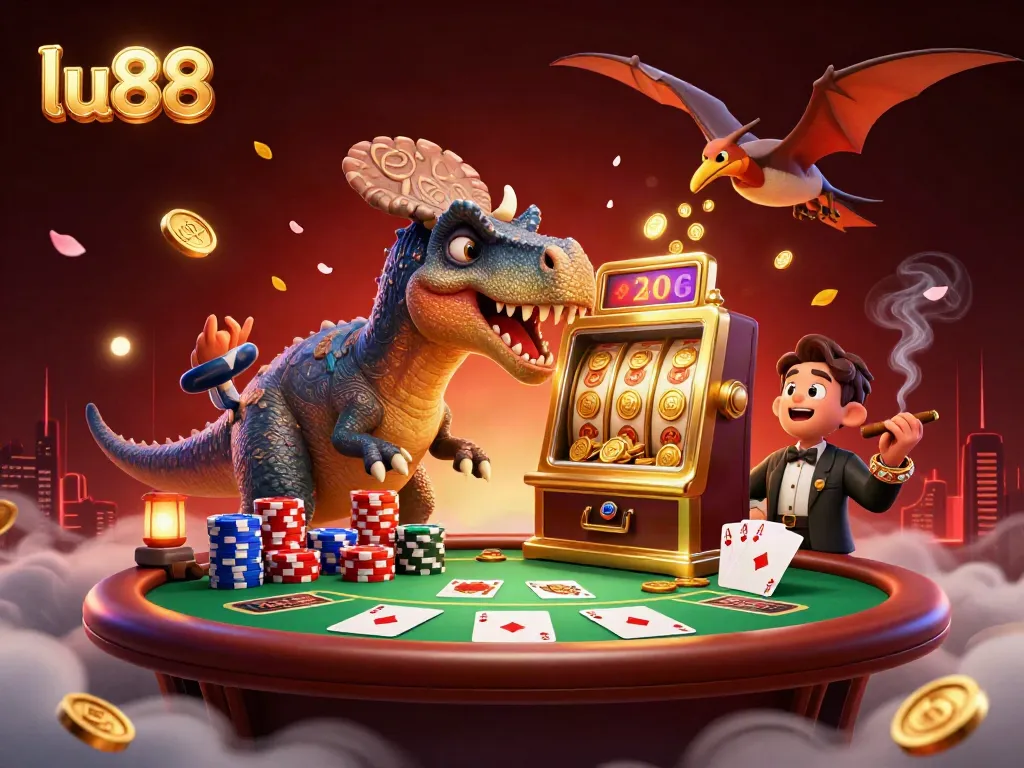 lu88 slot machine victory scene featuring animated dinosaur characters and vibrant casino elements