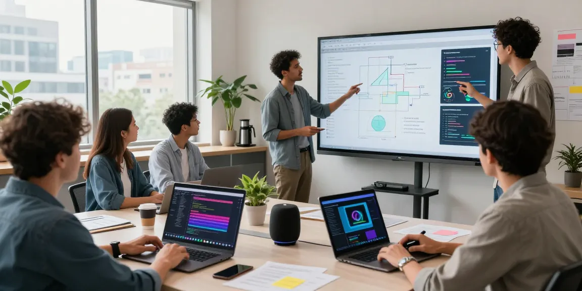 Creative team collaborating using the best AI tools in a modern office, showcasing tech gadgets and vibrant data visuals.