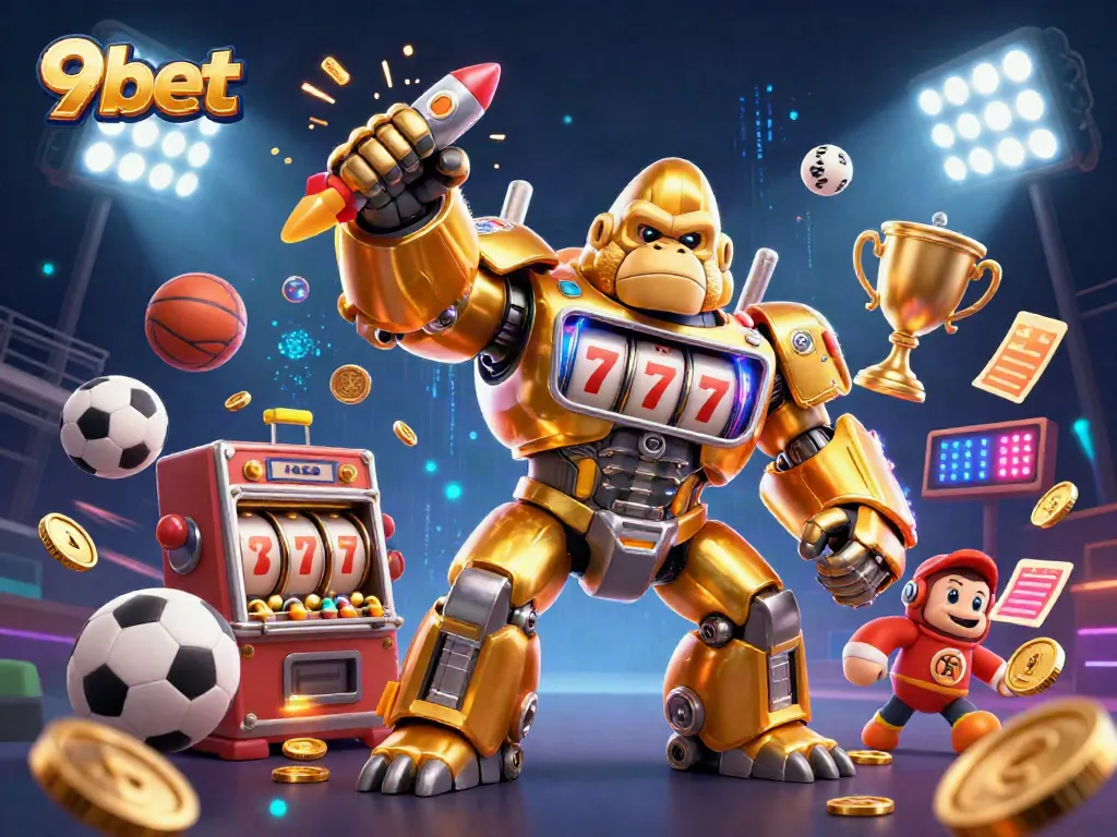 Engage with 9bet’s thrilling gaming world featuring a dynamic golden gorilla mech and various sports elements.