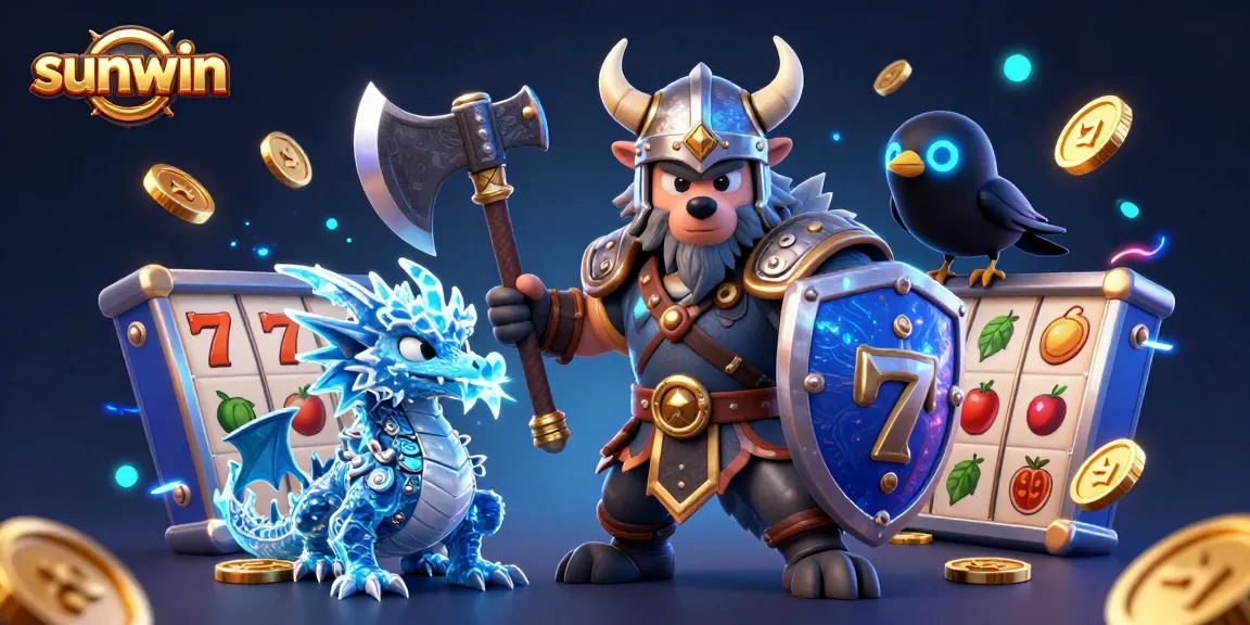 Win big with the sunwin Viking wolf warrior amidst dynamic slot reels and vibrant casino elements.
