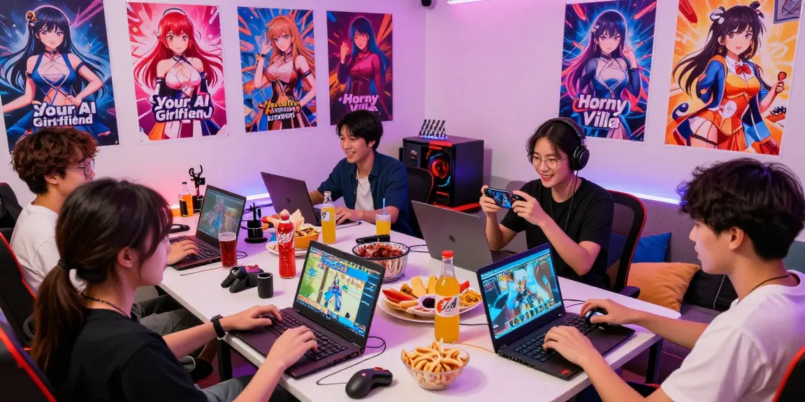 Players enjoying hentai ganes in a colorful gaming room, highlighting fun and engagement.