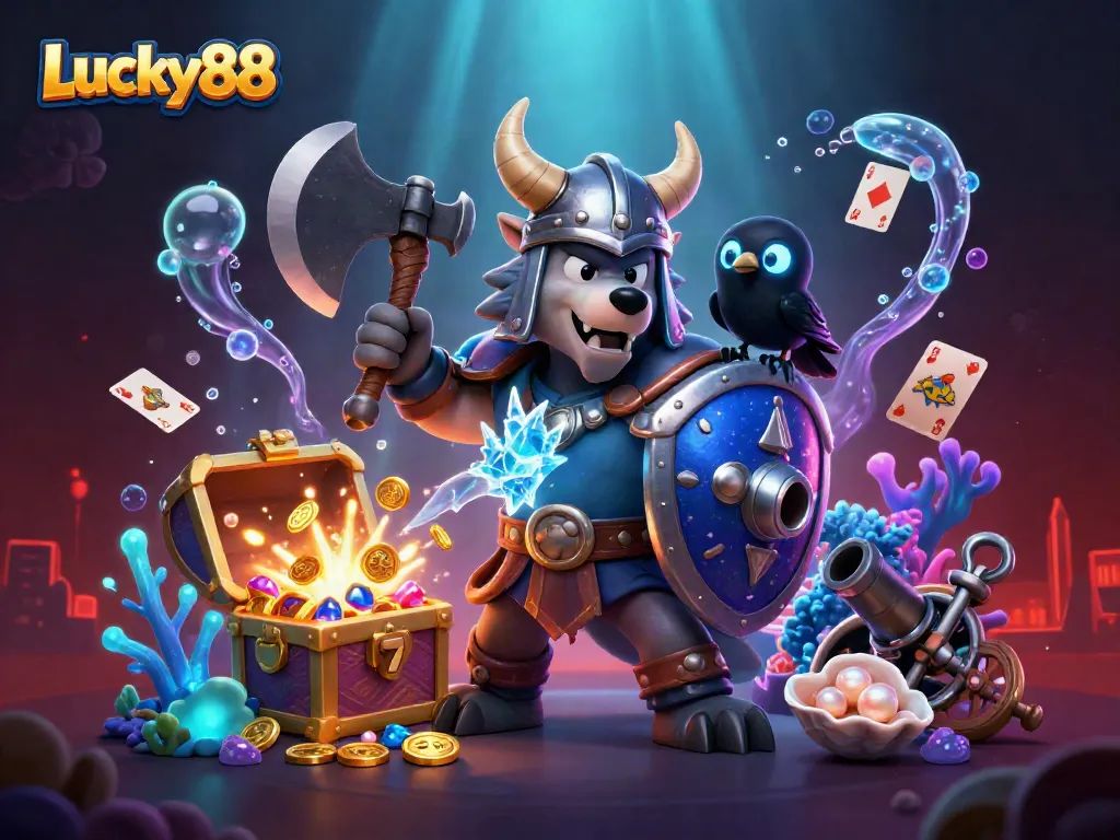 Experience thrilling slots and jackpots with Lucky88 in this vibrant, dynamic underwater scene.