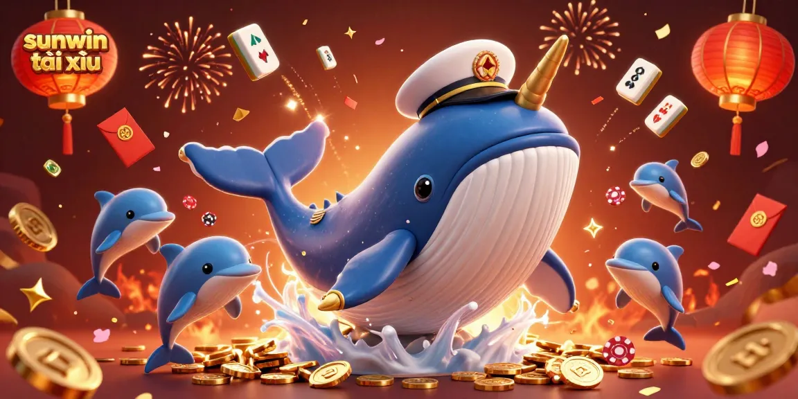 Experience the excitement of sunwin tài xỉu with playful dolphins and a giant whale amidst vibrant casino elements.