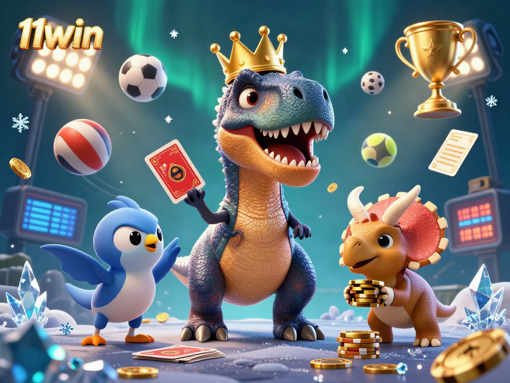Experience fun at 11WIN with a charming T-Rex and friends engaged in an exciting casino scene.
