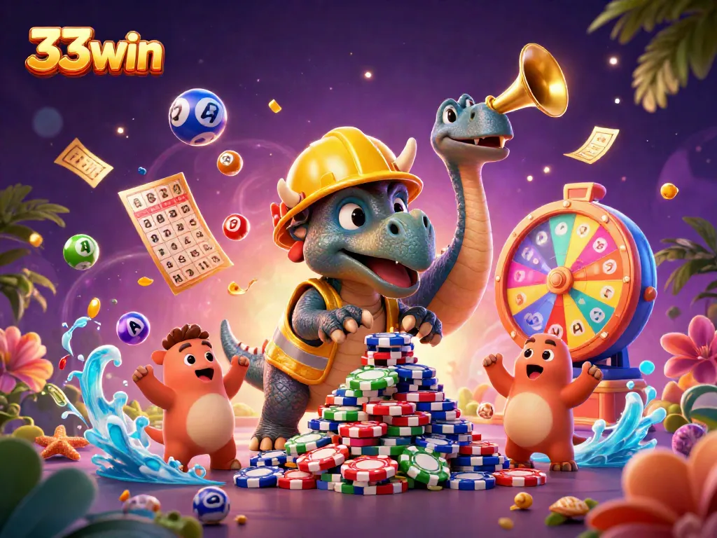 33win showcases a triceratops building poker chip towers amidst a vibrant casino celebration.