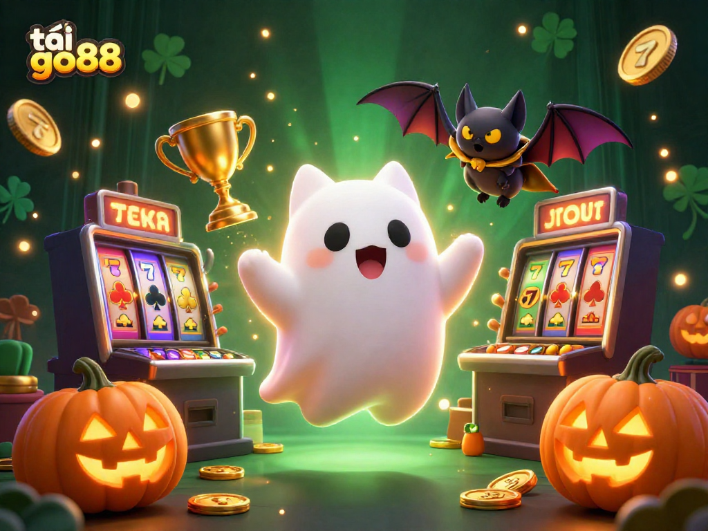 Experience the thrill of tải go88 with this vibrant illustration of a ghost cat in a haunted casino.