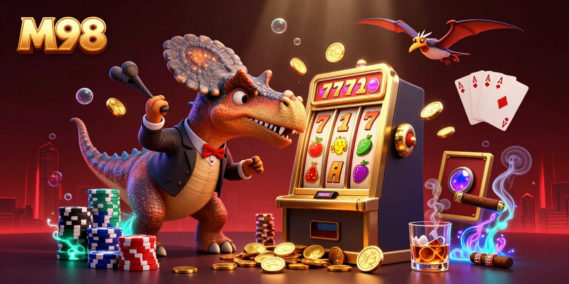 M98 casino illustration with a pachycephalosaurus winning coins from a slot machine, showcasing excitement.