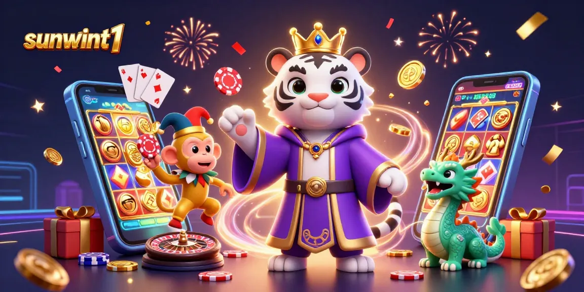 Engage with sunwint1's vibrant casino scene featuring a fun 3D white tiger, golden monkey, and jade dragon in a dynamic gaming atmosphere.