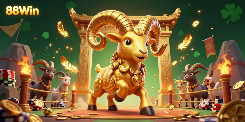 Experience dynamic gameplay at 88Win with a vibrant 3D scene of golden elements and energetic characters.