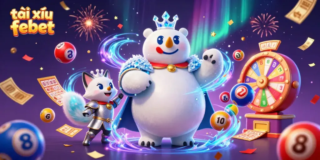 Experience the joy of tài xỉu febet with dynamic lottery balls and festive elements in this vibrant scene.