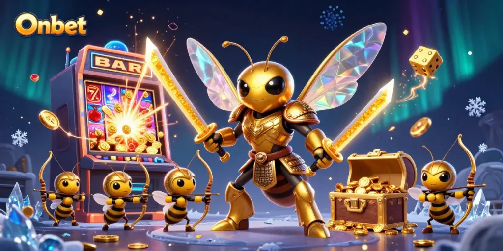 Experience excitement with Onbet's vibrant gaming scene featuring a golden hornet and slot machine.