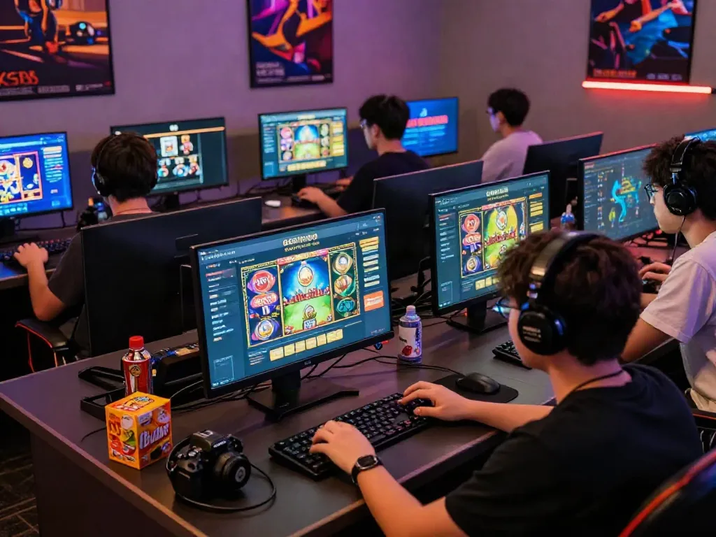 Engaged players enjoying GEM88 mobile platform at vibrant gaming setup.